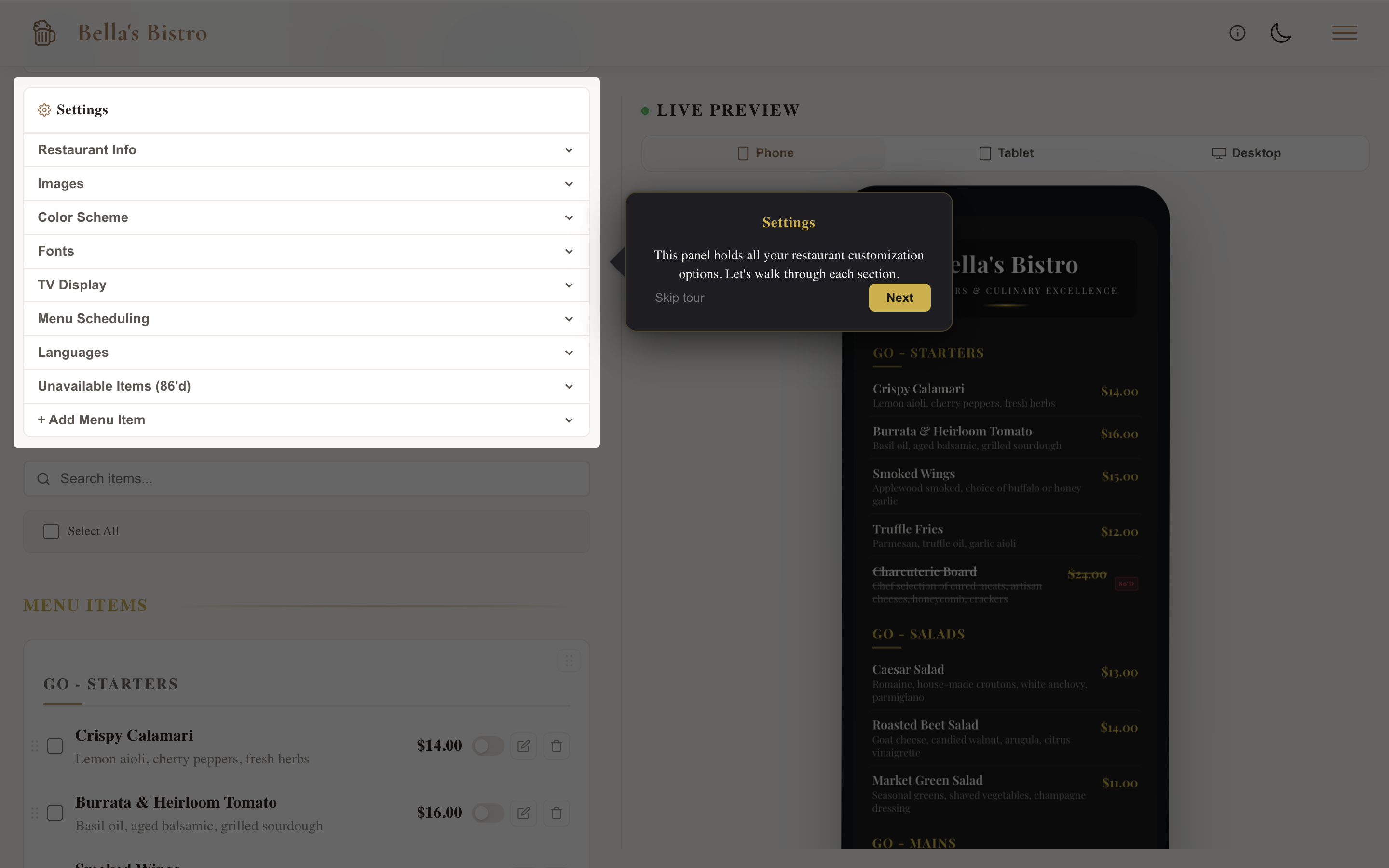 Restaurant menu dashboard with live preview showing items, categories, and brand customization settings