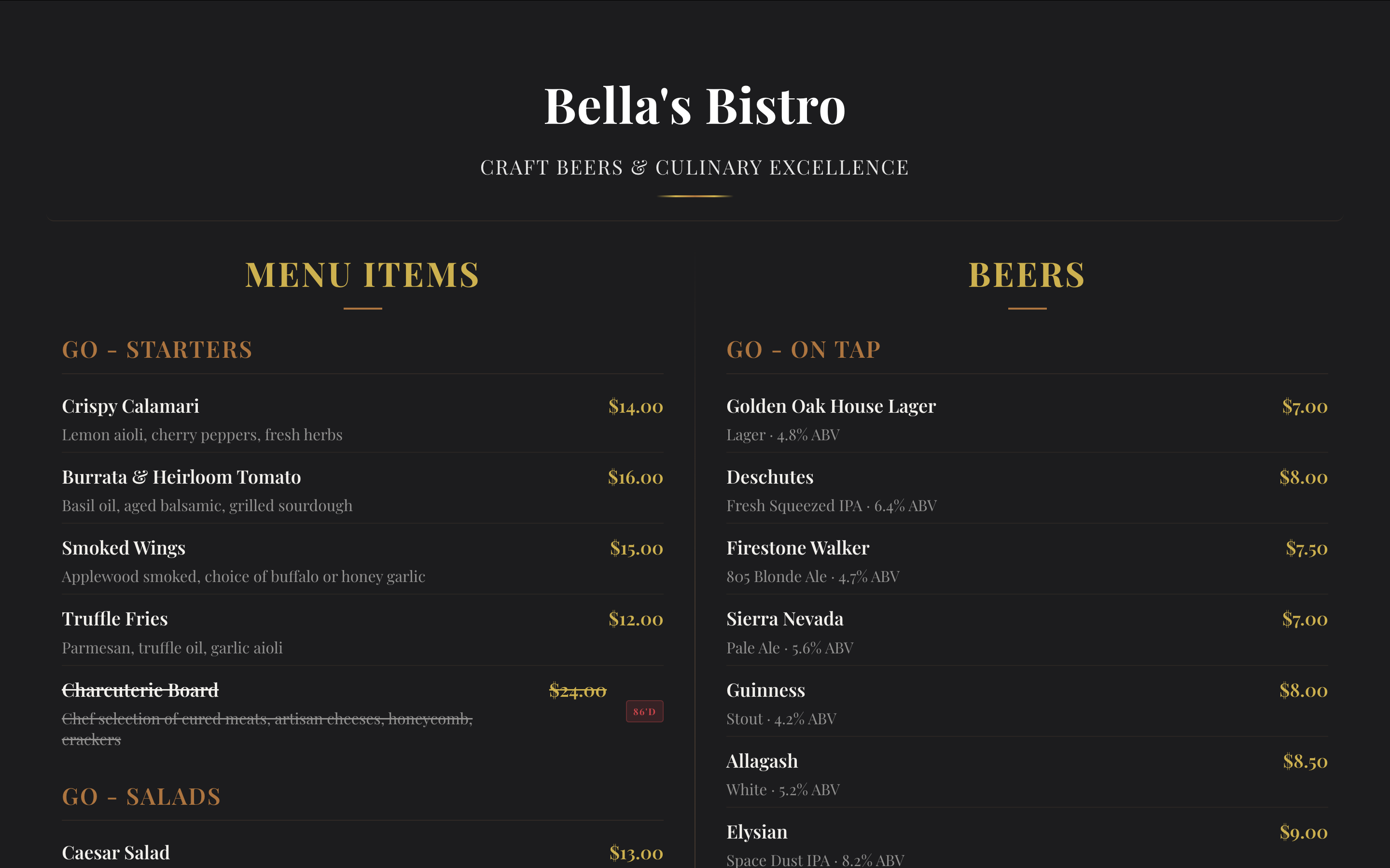 Restaurant menu displayed on a TV screen with split-screen layout for food and drinks